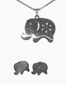 Conjunto colgante y pendientes de elefantes de acero plateado