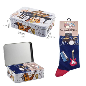 Regalo música: Calcetines Azules instrumentos. Talla única. Incluye Caja metálica