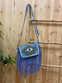 Bolso boho piel ojo turco azul
