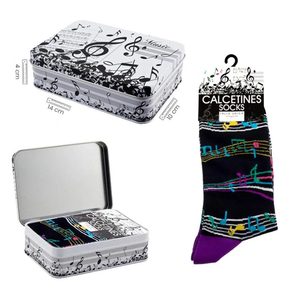 Regalo música: Calcetines Negros pentagramas colores. Talla única. Incluye Caja metálica.
