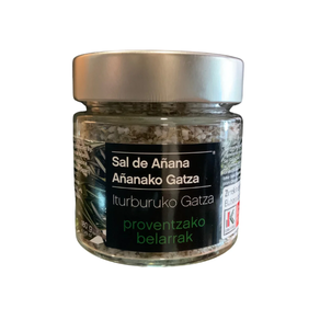 Añanako gatz minerala, proventza-belarrekin, 180 gr kristalezko potoa.