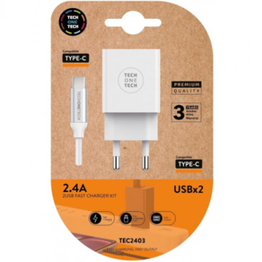 Tech One Tech TEC2403/2xUSB horma-kargagailua + USB kablea tipo-C/2.4A zuria
