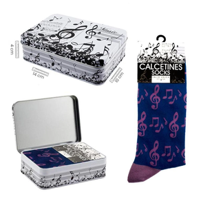 Regalo música: Calcetines Azules notas moradas. Talla única. Incluye Caja metálica.