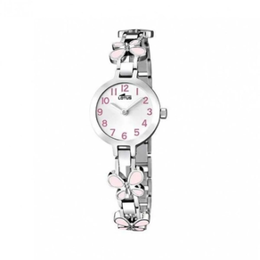 Zilar koloreko altzairuzko eskumuturrekoa duten neskentzako lotus analogikoa