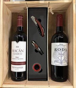 Estuche Regalo 05/ Dos Magnificos vino de Rioja de Roda y Macan con acesorios