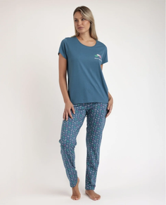 PIJAMA CHICA MANGA CORTA Y PANTALON LARGO AZUL CON PALMERAS
