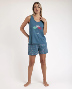 PIJAMA DE CHICA HOMBRERA AZUL CON PALMERAS