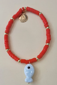 Pulsera con discos de color rojo Pez de cerámica