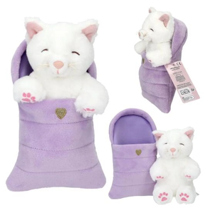 Gatos de peluche TOPModel en saco de dormir morado