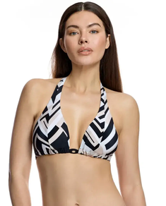 Top de bikini marca ORY con diseño triangular y estampado geométrico
