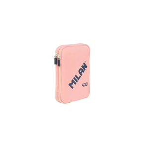Milan Coleccion 430 Plumier de 2 Pisos con 2 Gomas de Borrar, Sacapuntas, Lapiz, Boligrafo P1 Touch Azul, Regla, 12 Lapices de Colores y 18 Rotuladores - Color Rosa